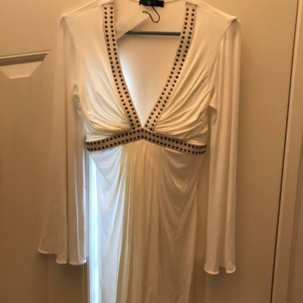 Sky White Mini Dress with Studded Trim